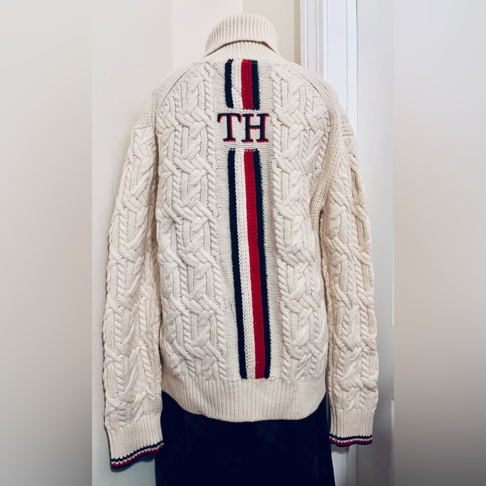 Unisex Tommy Hilfiger Cream Cable Knit Sweater with Red and Navy Stripes
